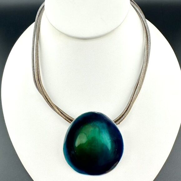 Chico's Blue Green Enamel Pendant 3 Strand Leather Cord Necklace - Picture 1 of 3